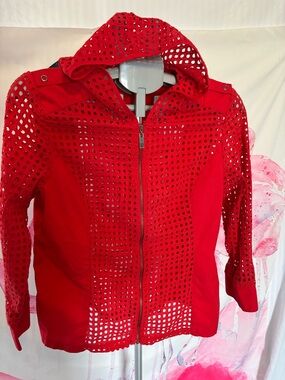 Women’s Red Hooded Perforated Bomber Jacket by Zowy